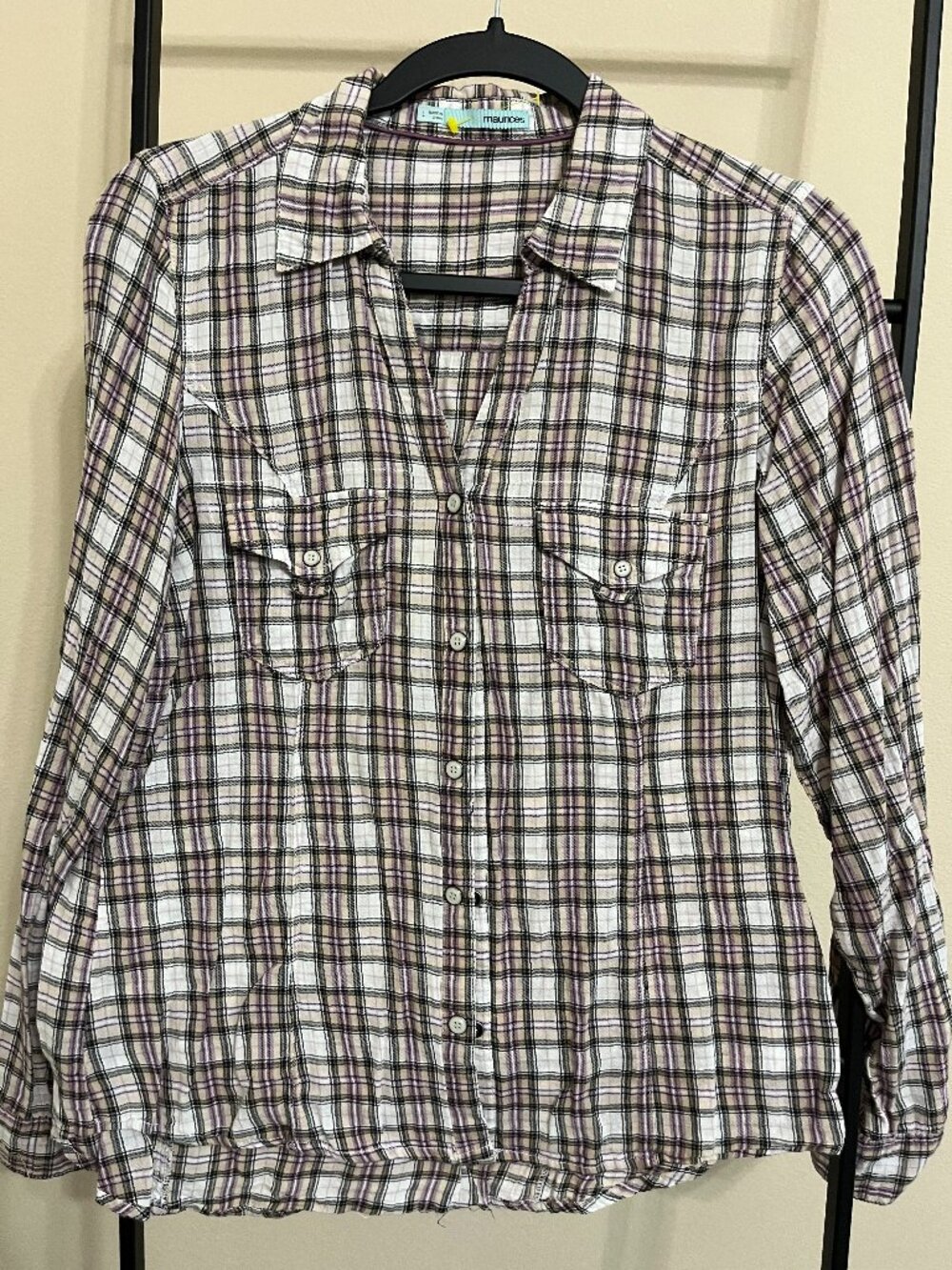 Maurices Plaid Snap Button Down Shirt Size L Large Long Sleeve Roll Tab Cotton